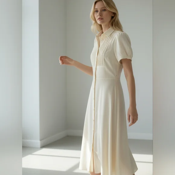 Lauren Ralp Lauren Black Label Shirtdress Elegant Winter Cream Midi Dress SZ 4 - Picture 1 of 16